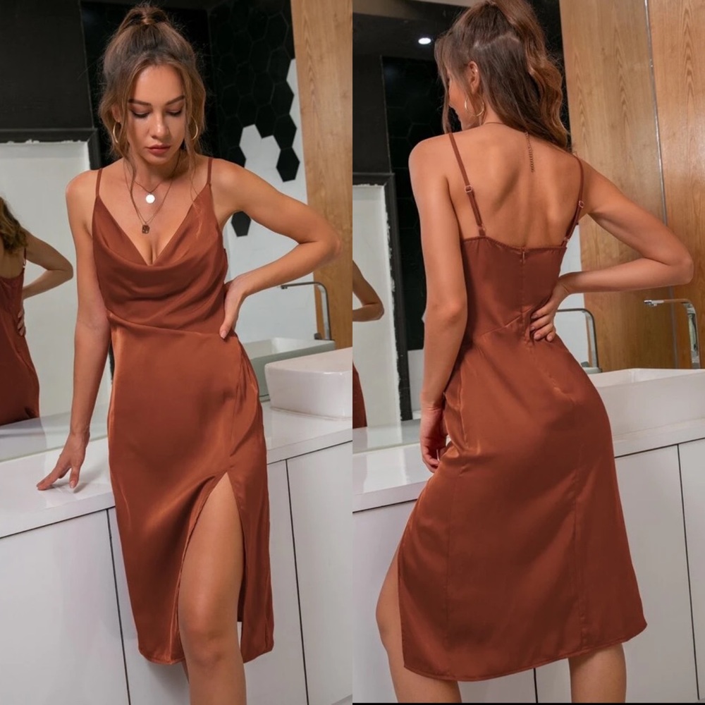 Cami cowl neck satin silky midi dress slit red - Picture 8 of 11